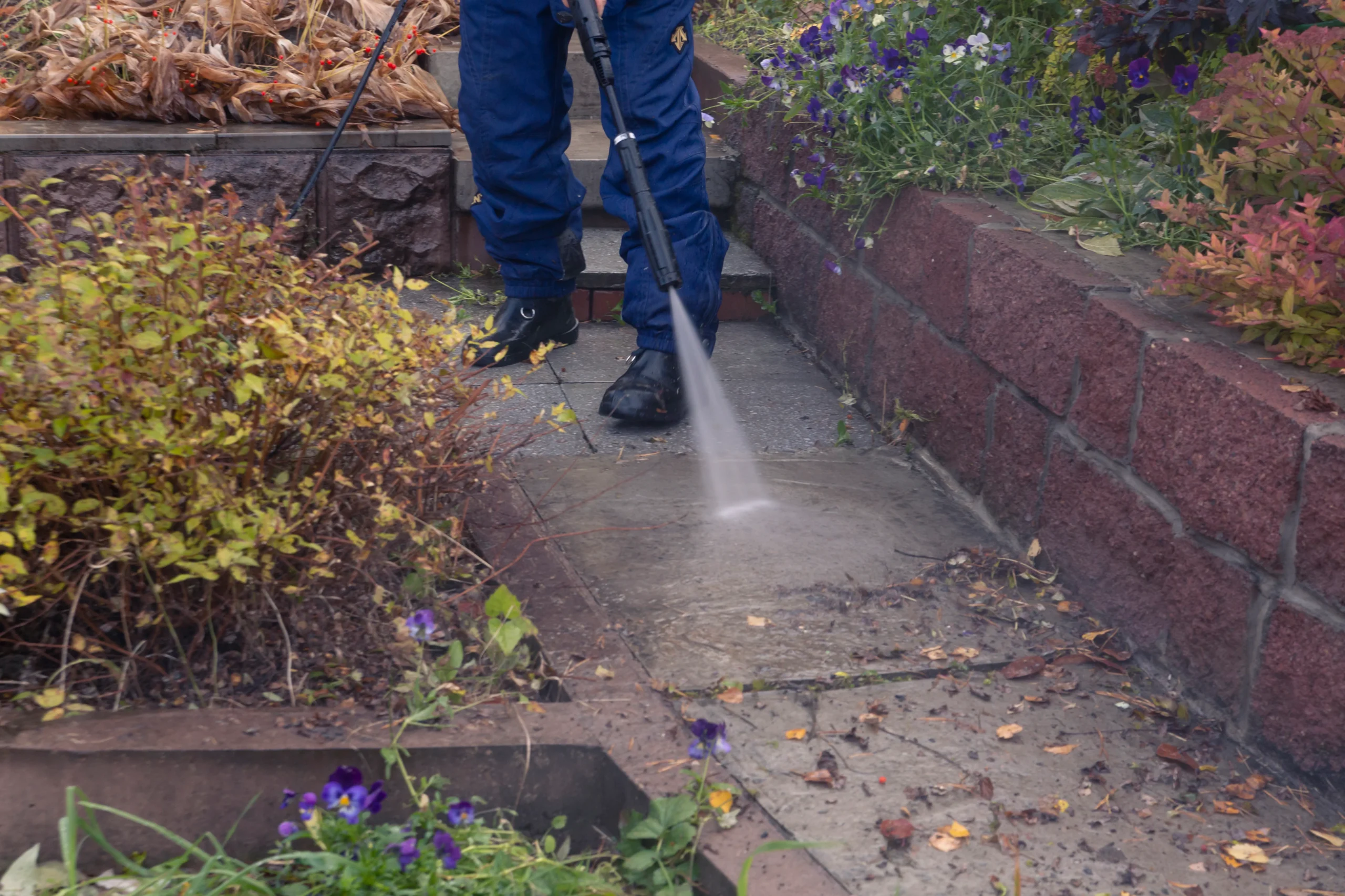 Services 4 man washes garden path with high pressure washer autumn work garden 1 scaled
